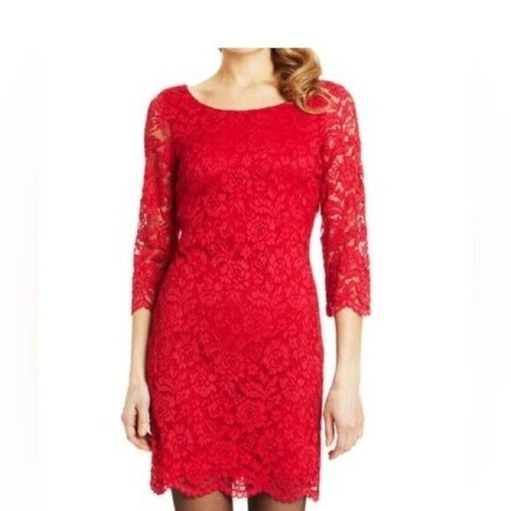 Nine West Women's 3/4 Sleeve Red Floral Lace Lined‎ Dress Party Cocktail Size 8